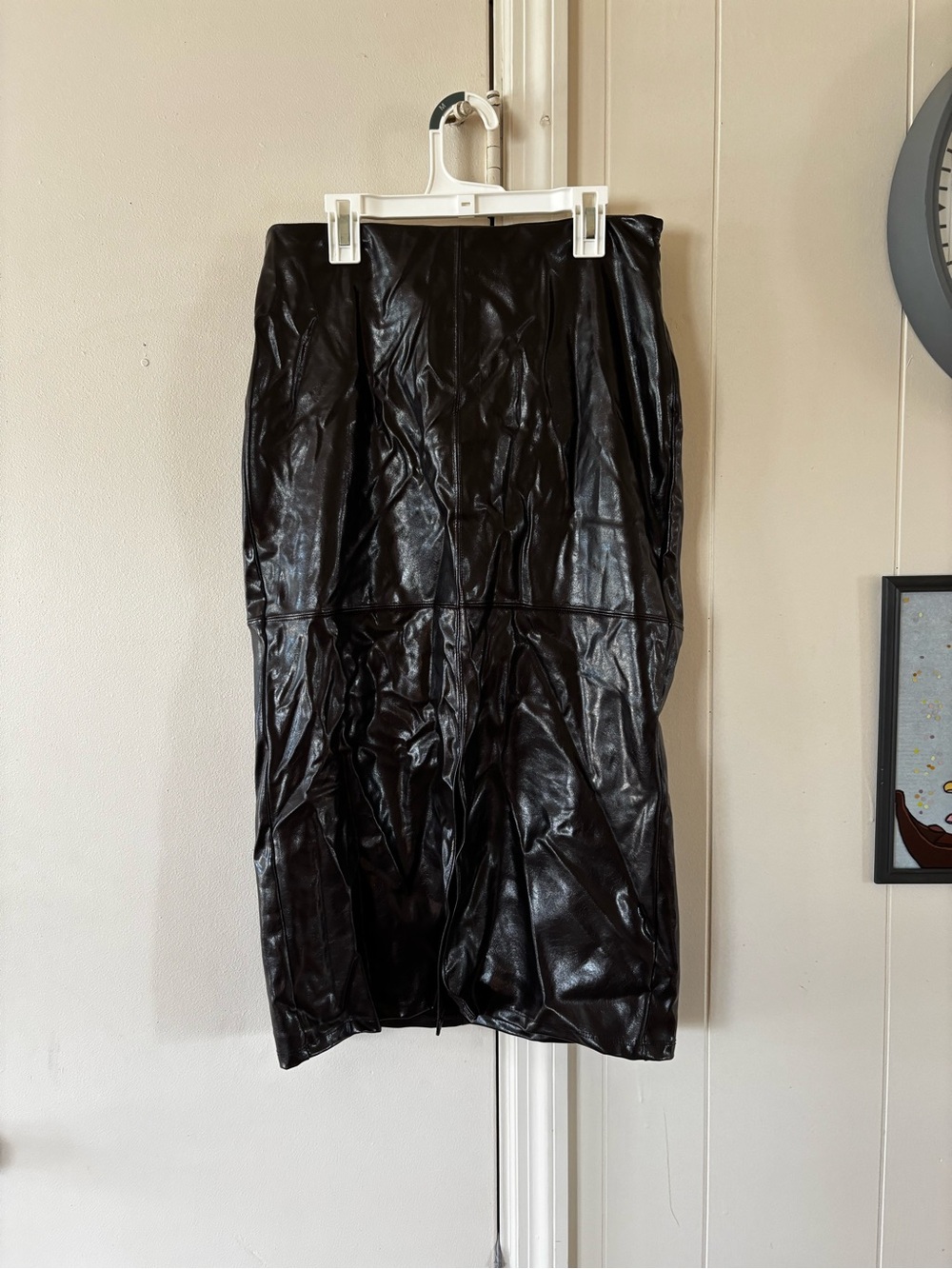 Dark Brown Faux Leather Pencil Skirt - Women's